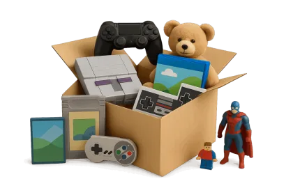 Kiste mit Konsolen, Spielen und Toys